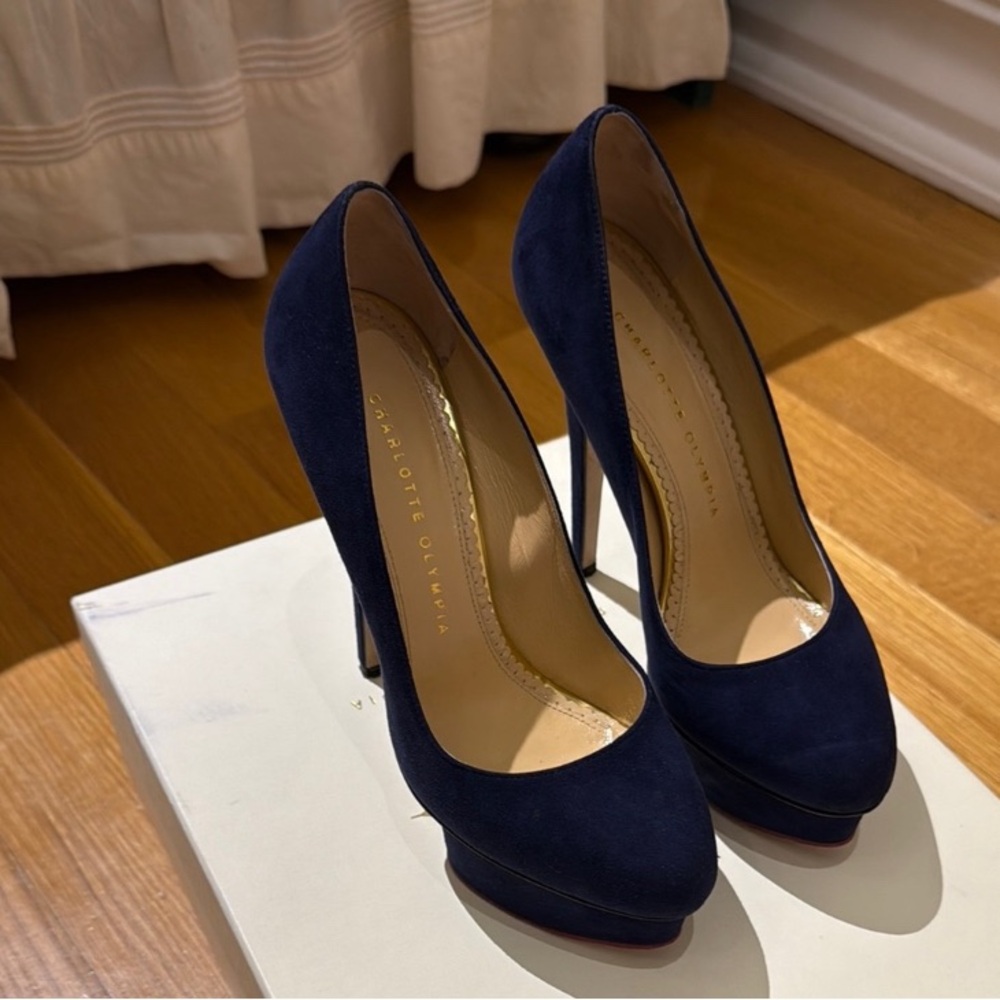 Charlotte Olympia Navy Suede Heels